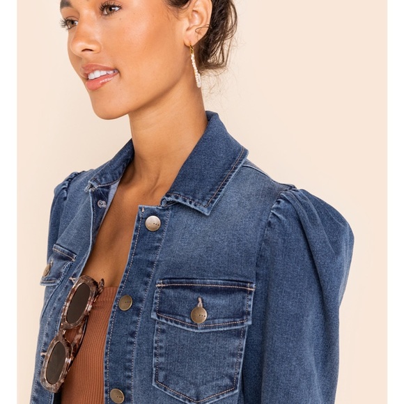 tgla puff long sleeve blue denim jacket shirt cropped raw hem stretch - Picture 4 of 16